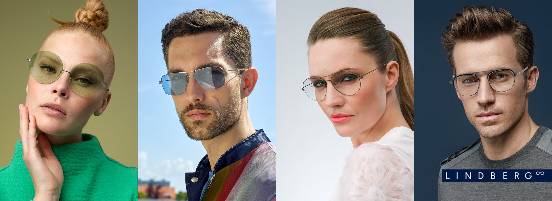 Männer und Frauen tragen Korrektur- und Sonnenbrillen von Lindberg.
